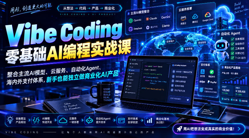 Vibe Coding零基础AI编程实战课-无水印，整合主流AI模型、云服务、自动化Agent、海内外支付体系，新手也能独立做商业化AI产品-离锋创库