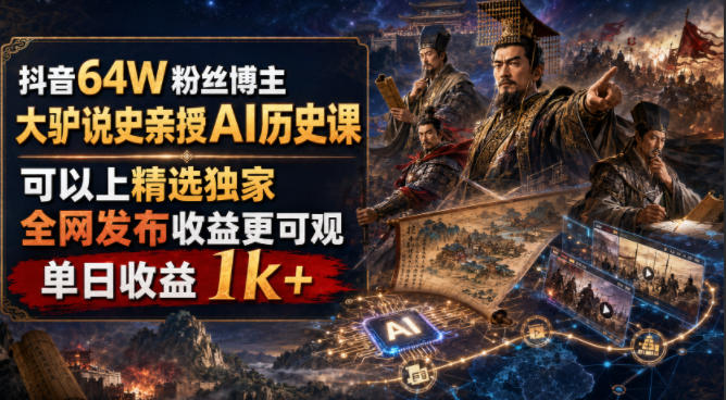 抖音64W粉丝博主大驴说史亲授AI历史课，可以上精选独家，全网发布收益更可观，单日收益1k+（更新）-离锋创库