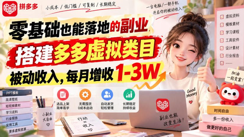 零基础也能落地的副业，搭建多多虚拟类目被动收入，每月增收1-3W【揭秘】-离锋创库