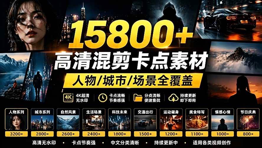 （19120期）【影视剪辑素材合集】15800+高清混剪卡点｜热门影视精彩片段｜人物/城市/场景全覆盖，中文分类清晰-离锋创库
