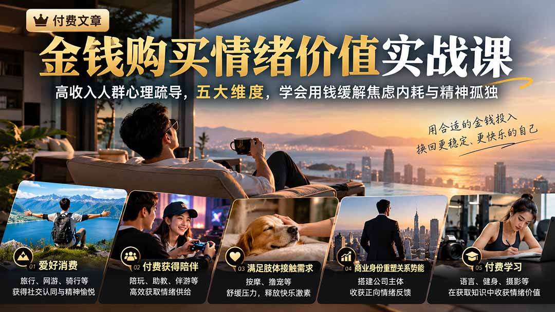 (20941期)付费文章:金钱购买情绪价值实战课|高收入人群心理疏导,五大维度,学会用钱缓解焦虑内耗与精神孤独-离锋创库