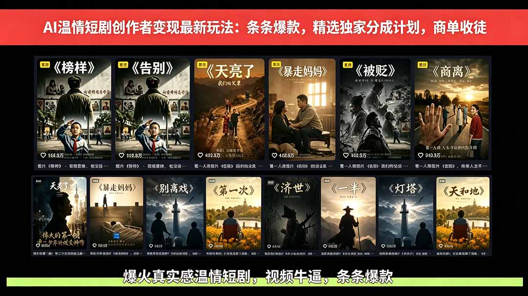 【精】AI温情短剧创作者变现最新玩法：视频牛逼，条条爆款，精选独家分成计划，商单收徒-离锋创库