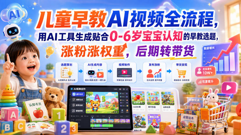 儿童早教AI视频全流程,用AI工具生成贴合0-6岁宝宝认知的早教选题,涨粉涨权重,后期转带货-离锋创库