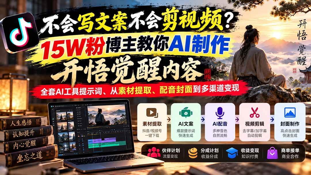 （21085期）不会写文案不会剪视频？15W粉博主教你AI制作开悟觉醒内容，全套AI工具提示词、从素材提取、配音封面到多渠道变现-离锋创库