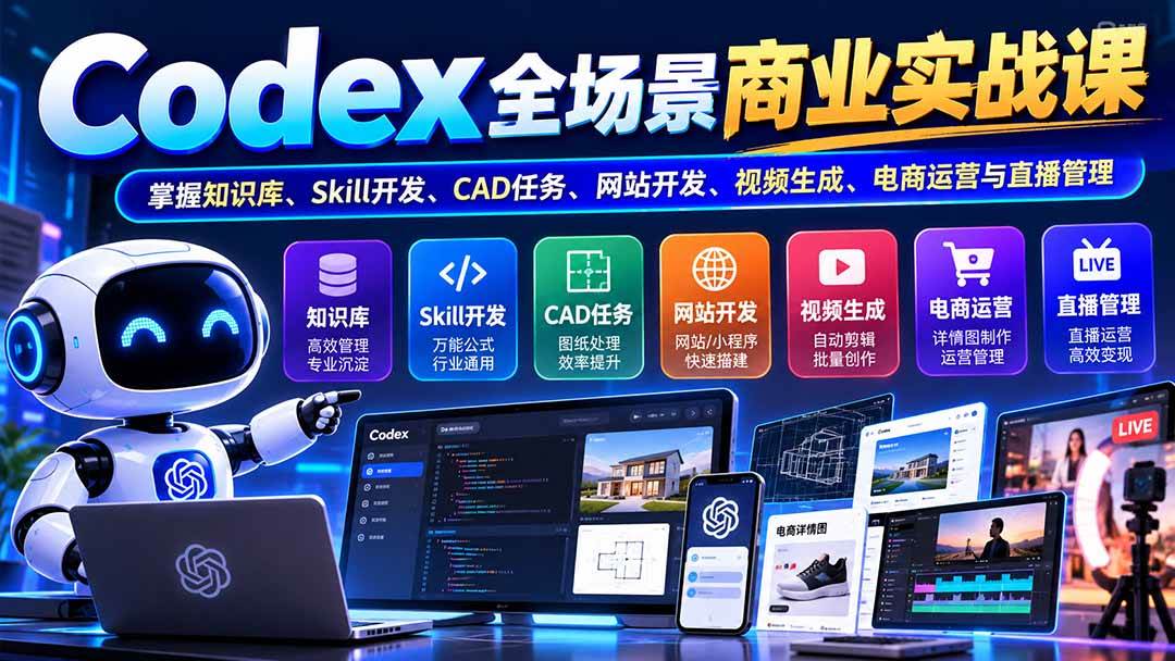 (20712期)【无水印】Codex全场景商业实战课:掌握知识库、Skill开发、CAD任务、网站开发、视频生成、电商运营与直播管理-离锋创库