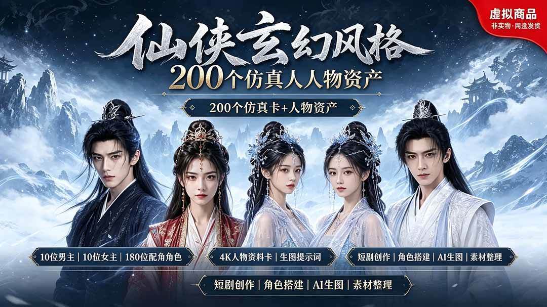 （19301期）200个仙侠玄幻仿真人素材◆10男主×10女主×180配角，4K资料卡+AI生图提示词，漫剧必备-离锋创库