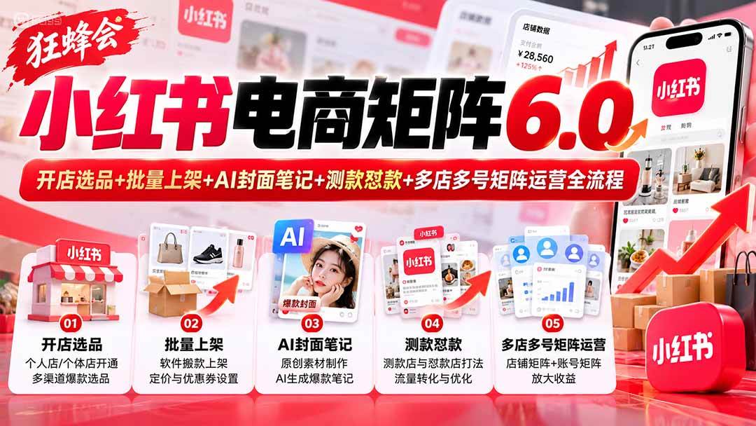 (20732期)【无水印】狂蜂会小红书电商矩阵6.0:开店选品+批量上架+AI封面笔记+测款怼款+多店多号矩阵运营全流程-离锋创库