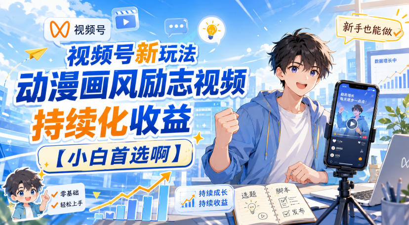 视频号新玩法动漫画风励志视频,持续化收益【小白首选啊】-离锋创库