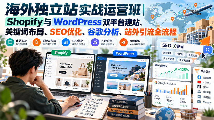 【精】海外独立站实战运营班|Shopify与WordPress双平台建站、关键词布局、SEO优化、谷歌分析、站外引流全流程-离锋创库