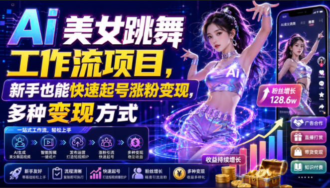 Ai美女跳舞工作流项目,新手也能快速起号涨粉变现,多种变现方式-离锋创库