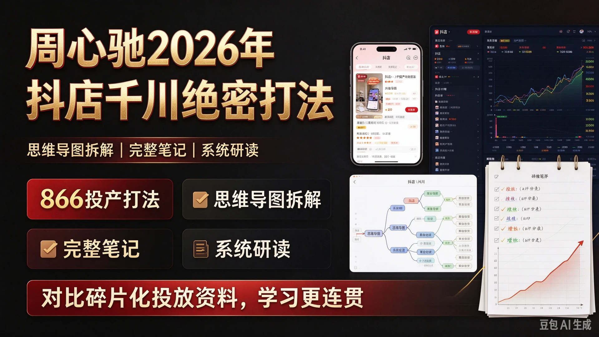 周心驰2026年抖店千川866投产绝密打法，拆解思维导图与完整笔记，对比碎片化投放资料更方便系统研读-离锋创库