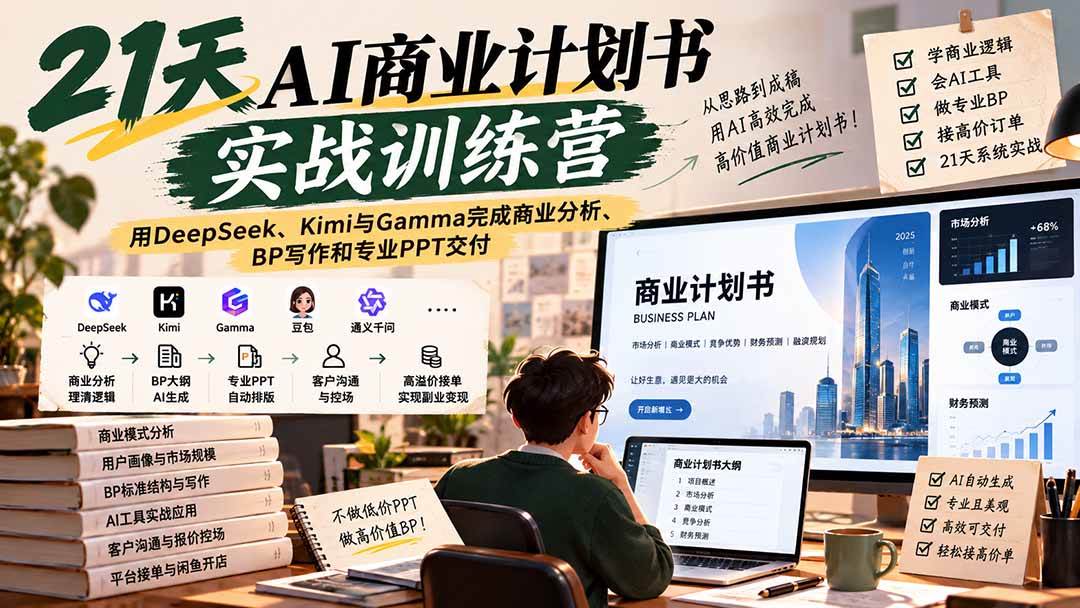(20637期)【无水印】21天AI商业计划书实战训练营:用DeepSeek、Kimi与Gamma完成商业分析、BP写作和专业PPT交付 (20637期)【无水印】21天AI商业计划书实战训练营:用DeepSeek、Kimi与Gamma完成商业分析、BP写作和专业PPT交付