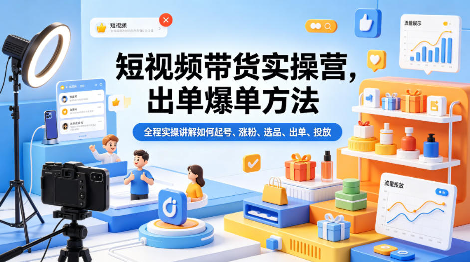 短视频带货实操营，出单爆单方法，全程实操讲解如何起号、涨粉、选品、出单、投放-离锋创库