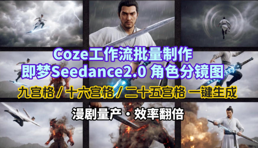 Coze工作流批量制作即梦Seedance2.0角色分镜图,九宫格-十六宫格-二十五宫格一键生成,漫剧量产,效率翻倍 Coze工作流批量制作即梦Seedance2.0角色分镜图,九宫格-十六宫格-二十五宫格一键生成,漫剧量产,效率翻倍