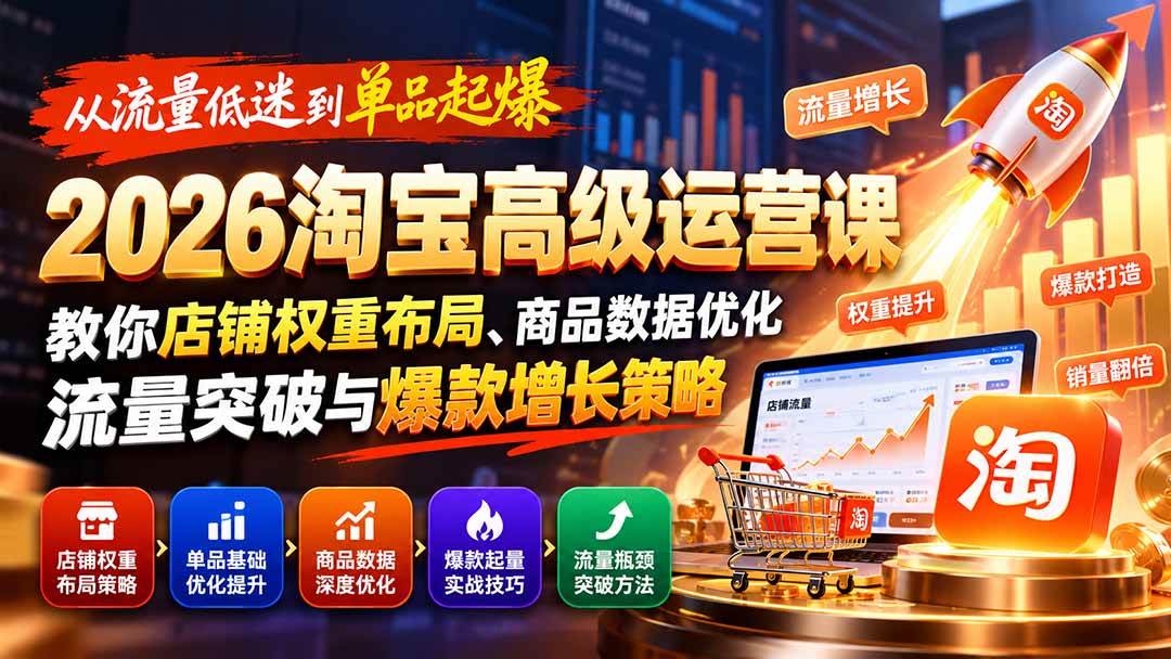 (20952期)从流量低迷到单品起爆:2026淘宝高级运营课教你店铺权重布局、商品数据优化、流量突破与爆款增长策略-离锋创库