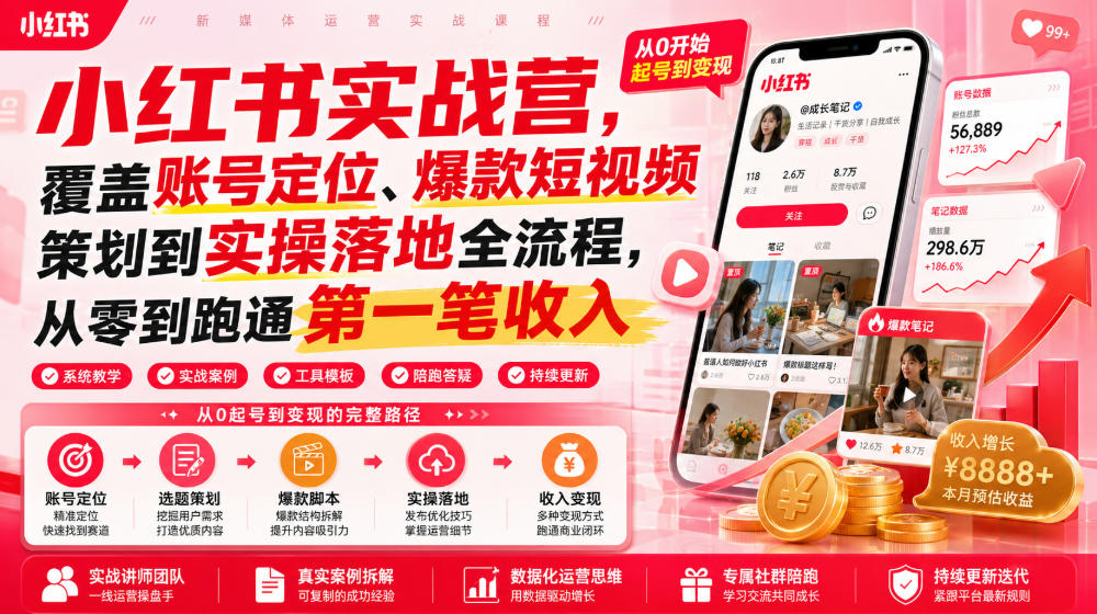 小红书实战营,覆盖账号定位、爆款短视频策划到实操落地全流程,从零到跑通第一笔收入-离锋创库
