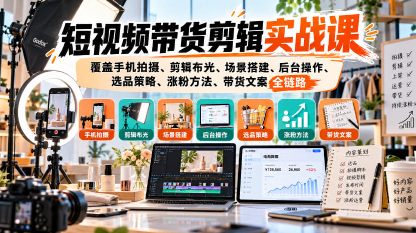 短视频带货剪辑实战课,覆盖手机拍摄、剪辑布光、场景搭建、后台操作、选品策略、涨粉方法、带货文案全链路-离锋创库