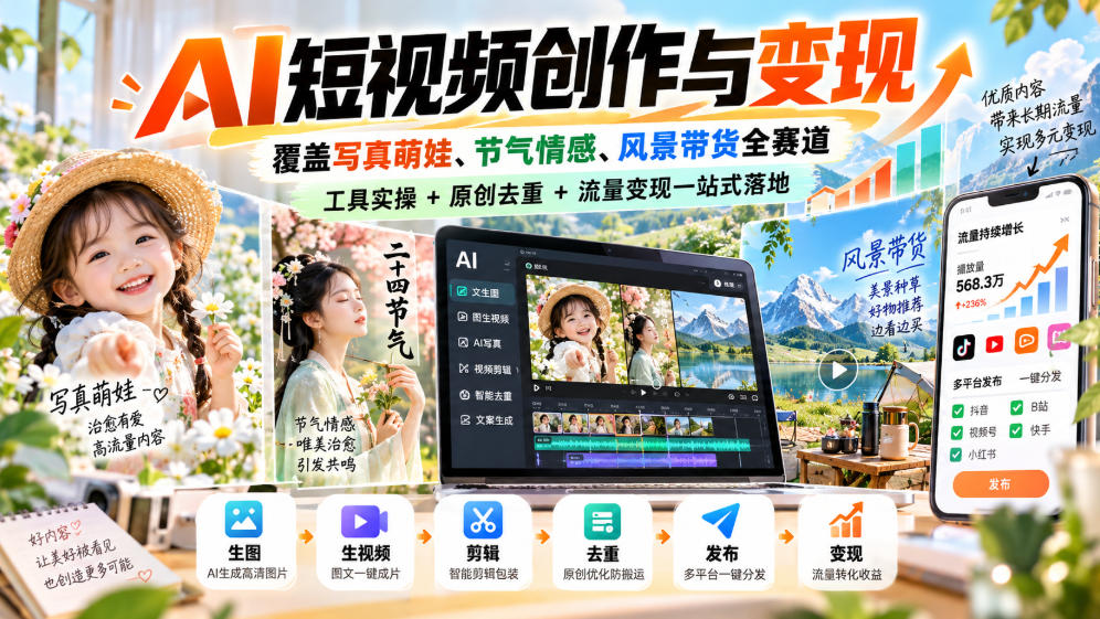AI短视频创作与变现，覆盖写真萌娃、节气情感、风景带货全赛道，工具实操+原创去重+流量变现一站式落地-离锋创库