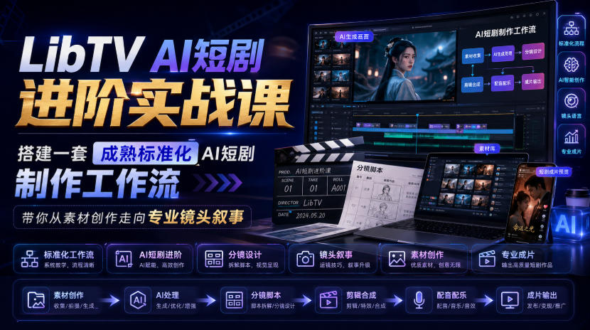 LibTV AI短剧进阶实战课，搭建一套成熟标准化AI短剧制作工作流，带你从素材创作走向专业镜头叙事-离锋创库