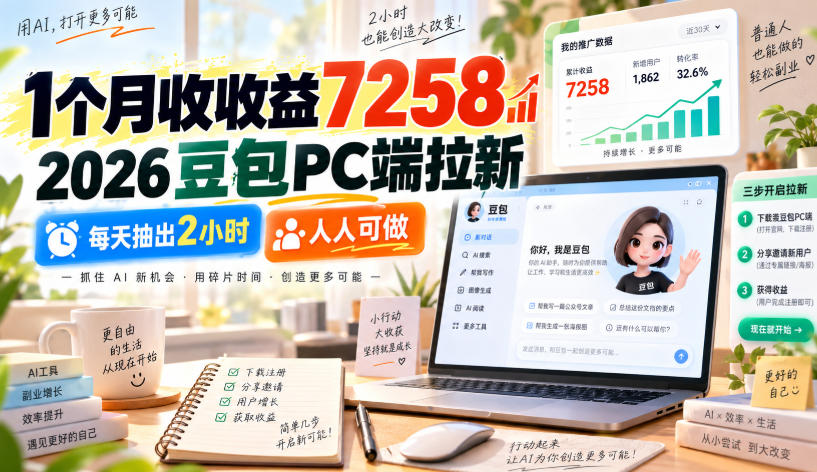 1个月收收益7258，2026豆包PC端拉新，每天抽出2小时，人人可做-离锋创库