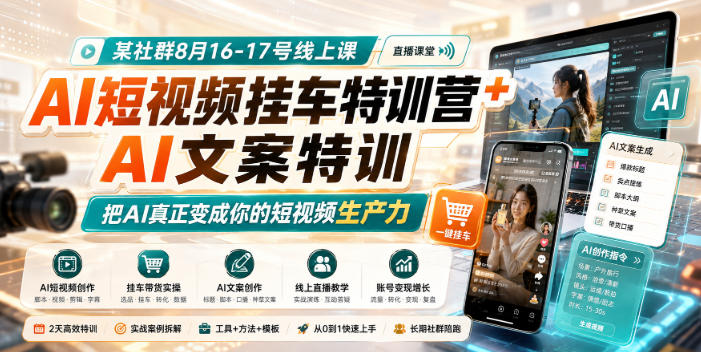 某社群8月16-17号线上课,AI短视频挂车特训营+AI文案特训,把AI真正变成你的短视频生产力-离锋创库