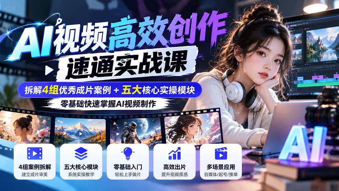 (20819期)【无水印】AI视频高效创作速通实战课:拆解4组优秀成片案例+五大核心实操模块,零基础快速掌握AI视频制作-离锋创库