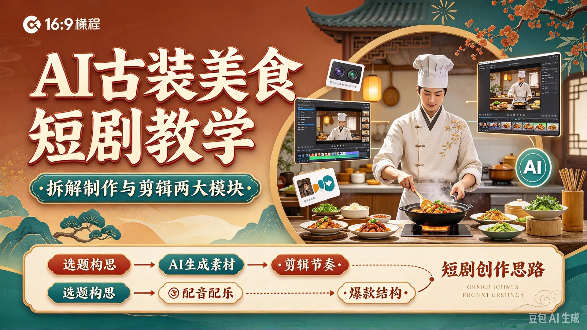 【精】AI古装美食短剧教学，拆解制作与剪辑两大模块，搭配思维导图梳理短剧创作思路-离锋创库