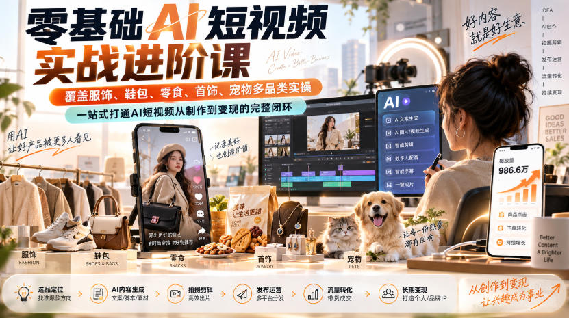 零基础AI短视频实战进阶课，覆盖服饰、鞋包、零食、首饰、宠物多品类实操，一站式打通AI短视频从制作到变现的完整闭环-离锋创库