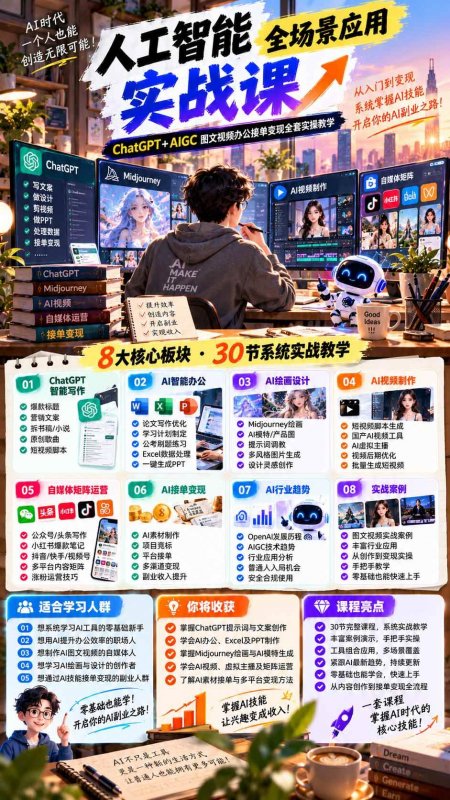 （21029期）一个人掌握AI写作设计剪辑全套技能：从ChatGPT办公、AI绘画到虚拟主播、自媒体运营及接单变现