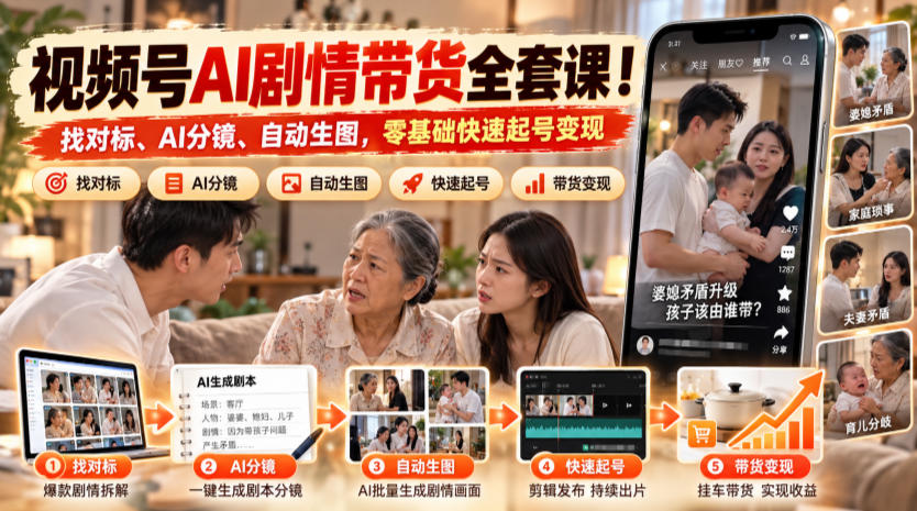 视频号AI剧情带货全套课！找对标、AI分镜、自动生图，零基础快速起号变现-离锋创库