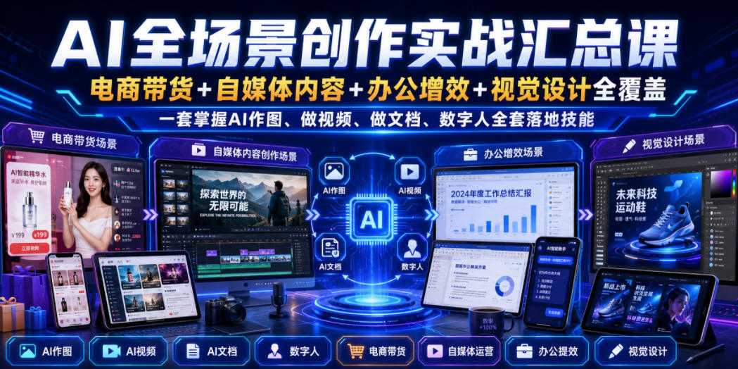 AI全场景创作实战汇总课｜电商带货+自媒体内容+办公增效+视觉设计全覆盖，一套掌握AI作图、做视频、做文档、数字人全套落地技能-离锋创库