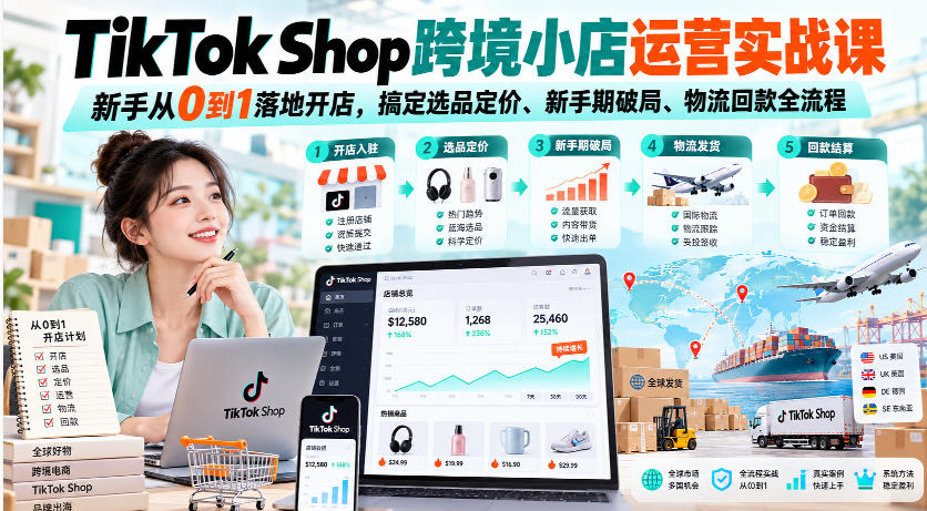 【精】TikTok Shop跨境小店运营实战课，新手从0到1落地开店，搞定选品定价、新手期破局、物流回款全流程-离锋创库