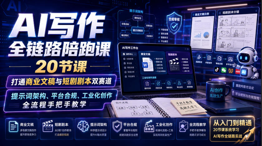 AI写作全链路陪跑课｜20节课打通商业文稿与短剧剧本双赛道，提示词架构、平台合规、工业化创作全流程手把手教学-离锋创库