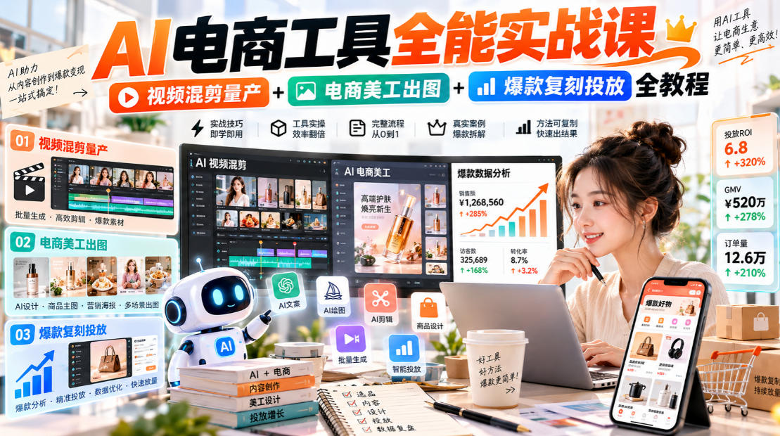 AI电商工具全能实战教学，视频混剪量产+电商美工出图+爆款复刻投放全教程-离锋创库