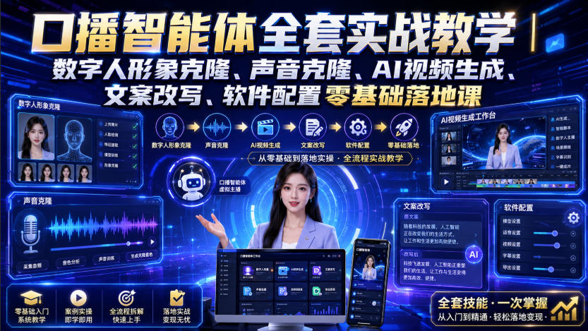 口播智能体全套实战教学｜数字人形象克隆、声音克隆、AI视频生成、文案改写、软件配置零基础落地课-离锋创库