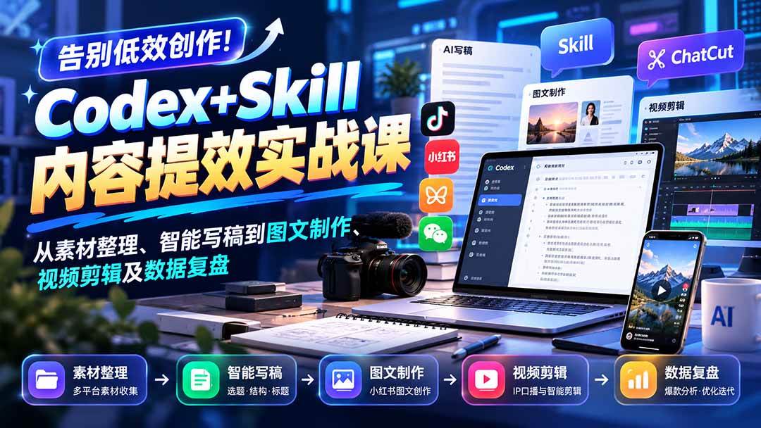 (20915期)【无水印】告别低效创作!Codex+Skill内容提效实战课:从素材整理、智能写稿到图文制作、视频剪辑及数据复盘-离锋创库