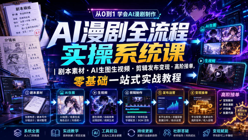 AI漫剧全流程实操系统课|剧本素材・AI生图生视频・剪辑发布变现・高阶接单,零基础一站式实战教程-离锋创库