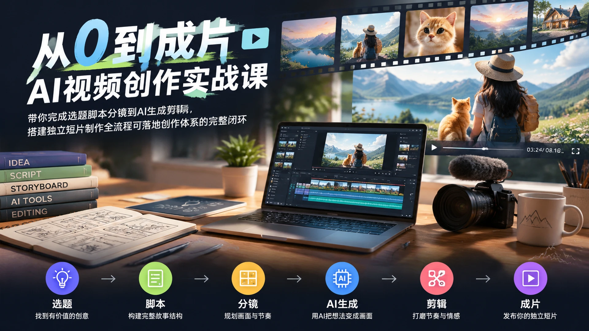 【精】从0到成片・AI视频创作实战课，带你完成选题脚本分镜到AI生成剪辑，搭建独立短片制作全流程可落地创作体系的完整闭环-离锋创库