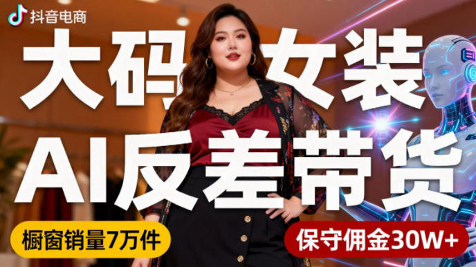 抖音小众赛道,大码女装AI反差带货,不用直播,每天6条作品,橱窗卖7万件,保守佣金30W+-离锋创库