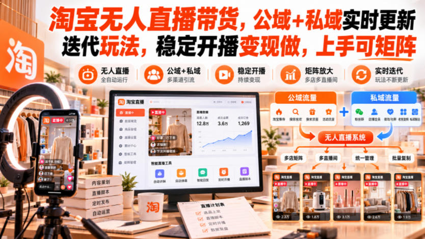 淘宝无人直播带货，公域+私域实时更新迭代玩法，稳定开播变现做，上手可矩阵【揭秘】-离锋创库