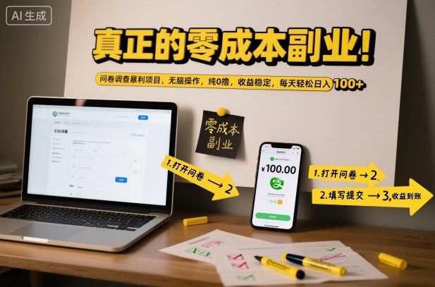 真正的零成本副业！问卷调查暴利项目，无脑操作，纯0撸，收益稳定，每天轻松日入100+【揭秘】-离锋创库