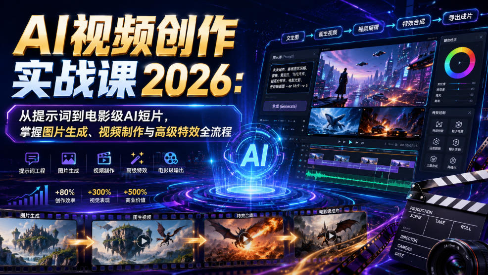 AI视频创作实战课2026：从提示词到电影级AI短片，掌握图片生成、视频制作与高级特效全流程-离锋创库