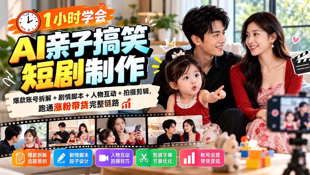 （20807期）1小时学会AI亲子搞笑短剧制作：爆款账号拆解+剧情脚本+人物互动+拍摄剪辑，跑通涨粉带货完整链路-离锋创库