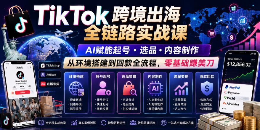 TikTok跨境出海全链路实战课，AI赋能起号・选品・内容制作，从环境搭建到回款全流程，零基础賺美刀-离锋创库