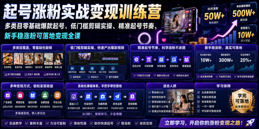 苗子起号涨粉实战变现训练营，多类目零基础爆款起号、精准起号节奏、新手稳涨粉可落地变现全课-离锋创库