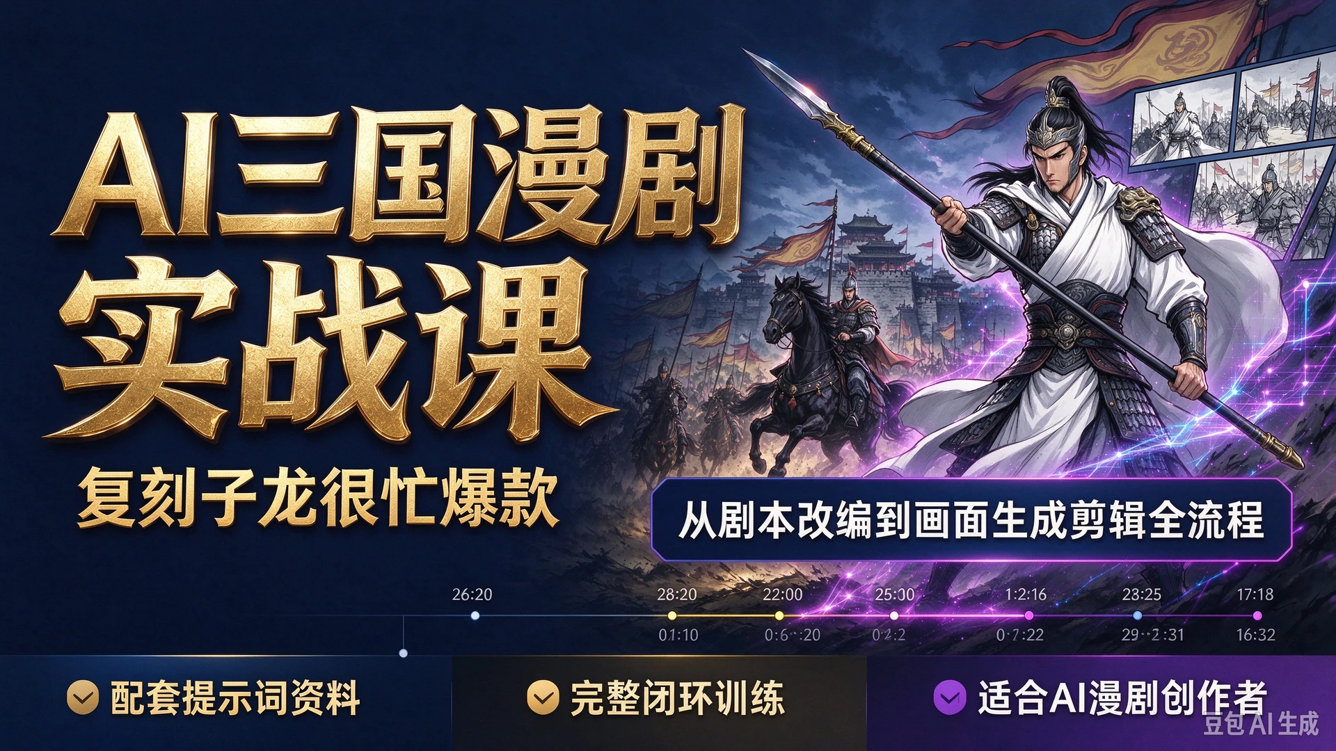 【精】AI三国漫剧实战课复刻子龙很忙爆款,带你掌握漫剧从剧本改编到画面生成剪辑全流程,拿到配套提示词资料,适合想要制作AI漫剧创作者的完整闭环-离锋创库