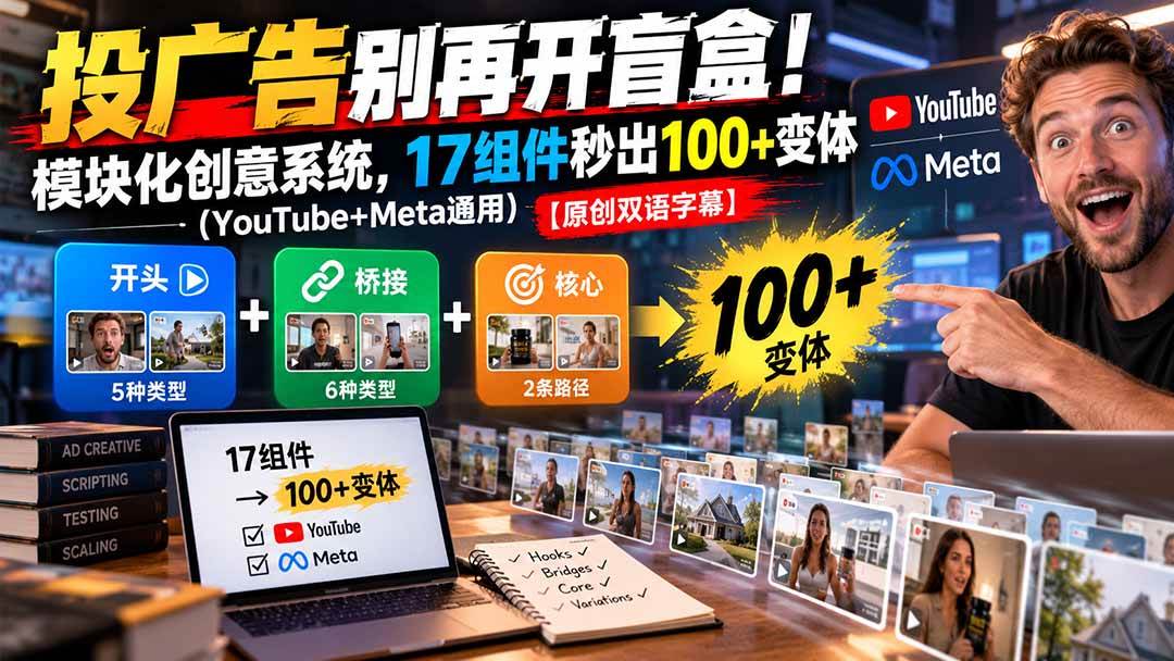 （20840期）投广告别再开盲盒！模块化创意系统，17组件秒出100+变体（YouTube+Meta通用）【原创双语字幕】-离锋创库