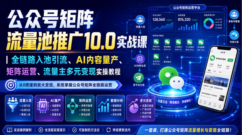 公众号矩阵流量池推广10.0实战课｜全链路入池引流、AI内容量产、矩阵运营、流量主多元变现实操教程-离锋创库
