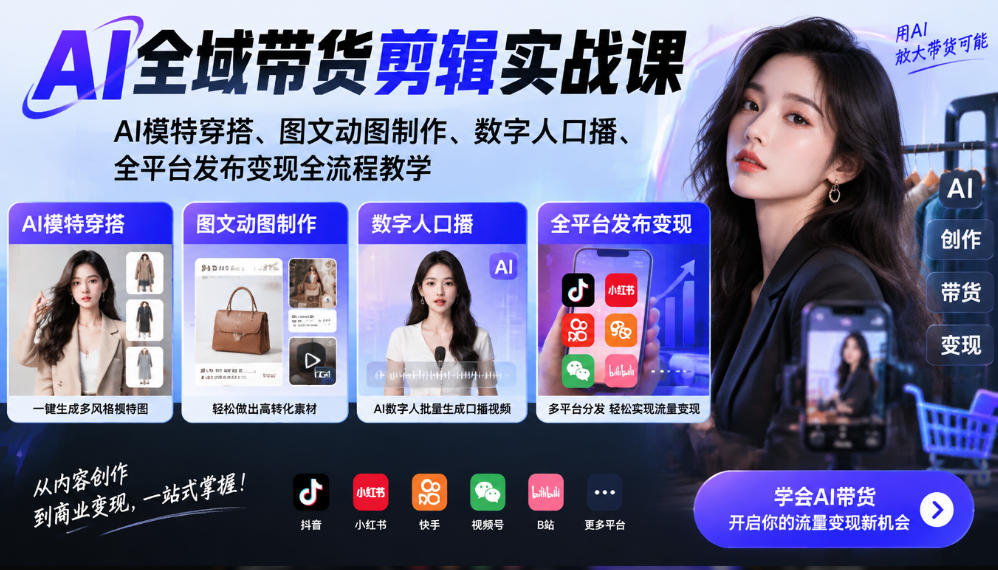 AI全域带货剪辑实战课|AI模特穿搭、图文动图制作、数字人口播、全平台发布变现全流程教学-离锋创库