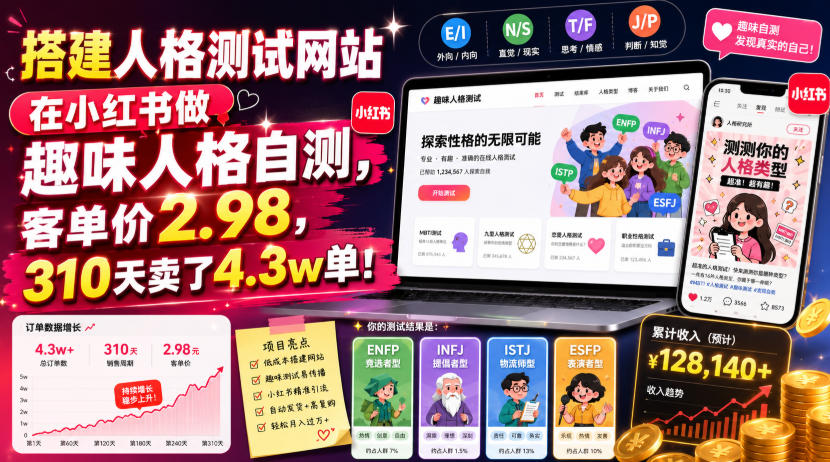 搭建人格测试网站在小红书做趣味人格自测，客单价2.98，310天卖了4.3w单！-离锋创库